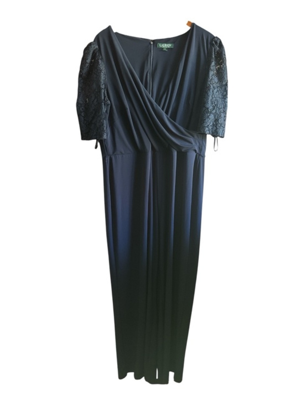 Lauren Ralph Lauren Navy Lace-Sleeve Wrap-Front Pleated Pantsuit Outfit Preppy
